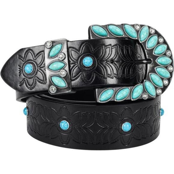 Women’s Western Turquoise Cowgirl Black Leather Belt for Jeans & Pants 42\